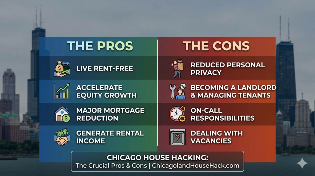 Infographic displaying the main pros and cons of house hacking in Chicago, including saving on living expenses and managing tenants.