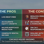 Infographic displaying the main pros and cons of house hacking in Chicago, including saving on living expenses and managing tenants.
