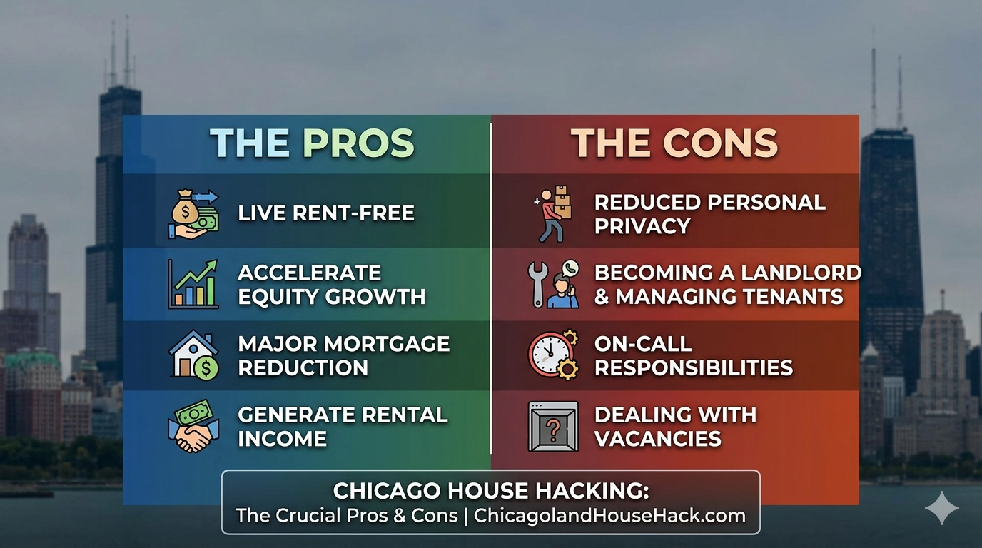 Infographic displaying the main pros and cons of house hacking in Chicago, including saving on living expenses and managing tenants.