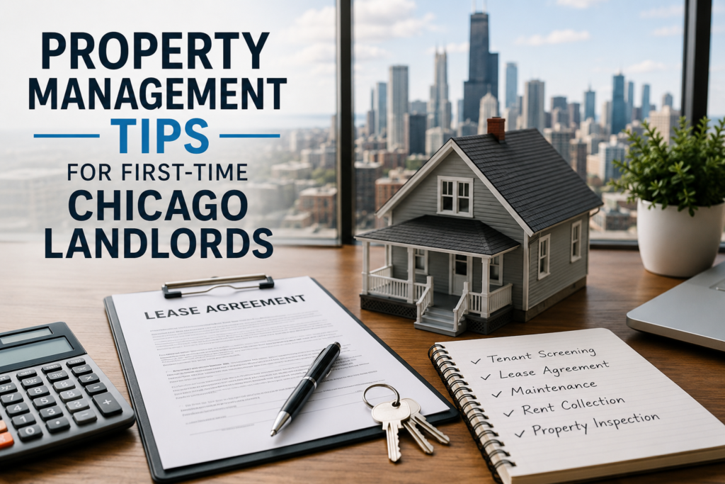 Property Management Tips for First-Time Chicago Landlords featuring a rental property lease and Chicago skyline