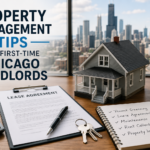 Property Management Tips for First-Time Chicago Landlords featuring a rental property lease and Chicago skyline