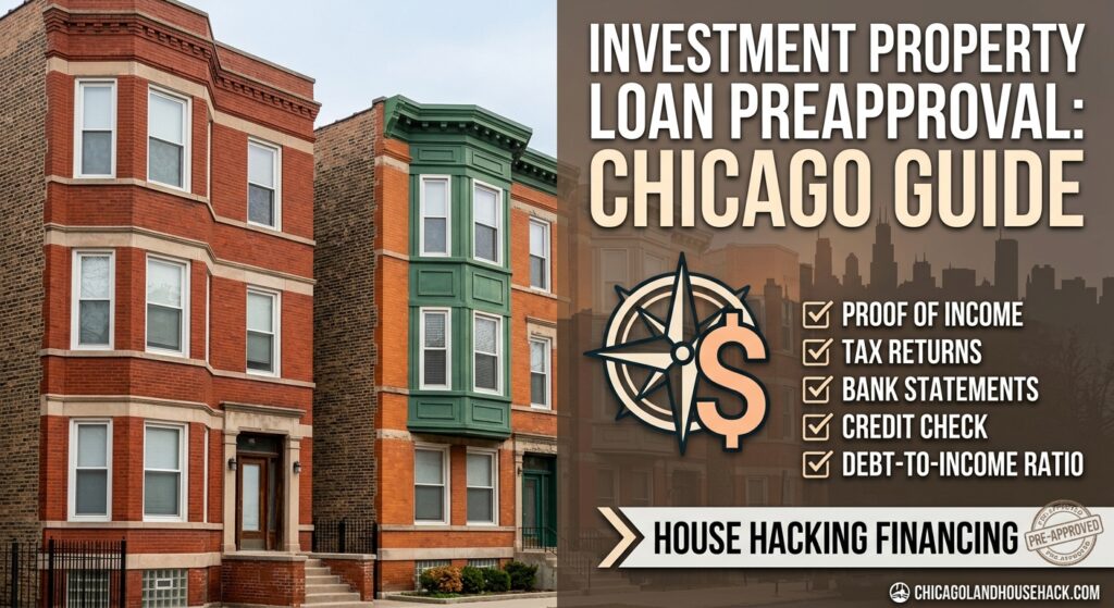 Classic Chicago red brick multi-family 2-flat house next to a loan pre-approval checklist overlay highlighting tax returns, proof of income, and credit check requirements.