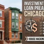 Classic Chicago red brick multi-family 2-flat house next to a loan pre-approval checklist overlay highlighting tax returns, proof of income, and credit check requirements.