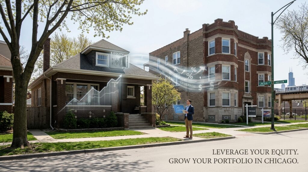 Suburban house equity leverage concept graphic showing capital transfer to a classic Chicago two-flat investment property.