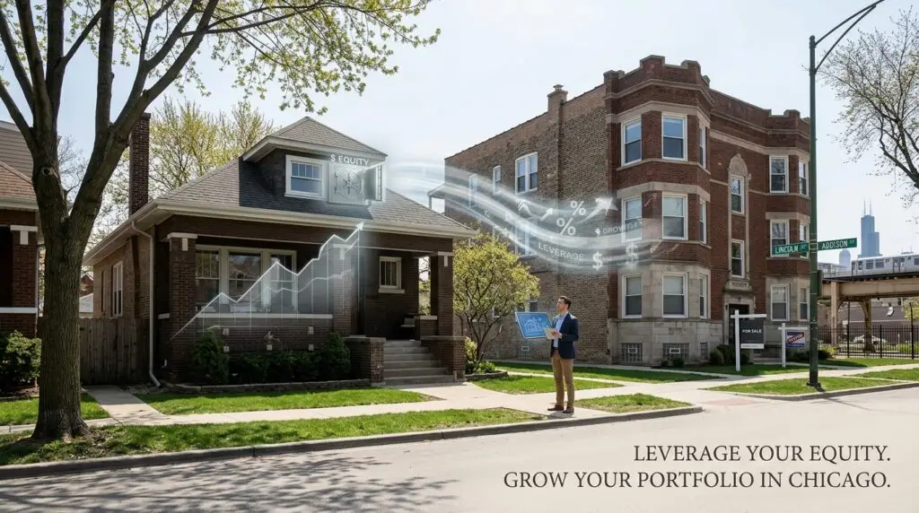 Suburban house equity leverage concept graphic showing capital transfer to a classic Chicago two-flat investment property.