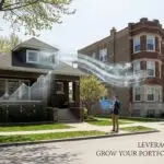 Suburban house equity leverage concept graphic showing capital transfer to a classic Chicago two-flat investment property.