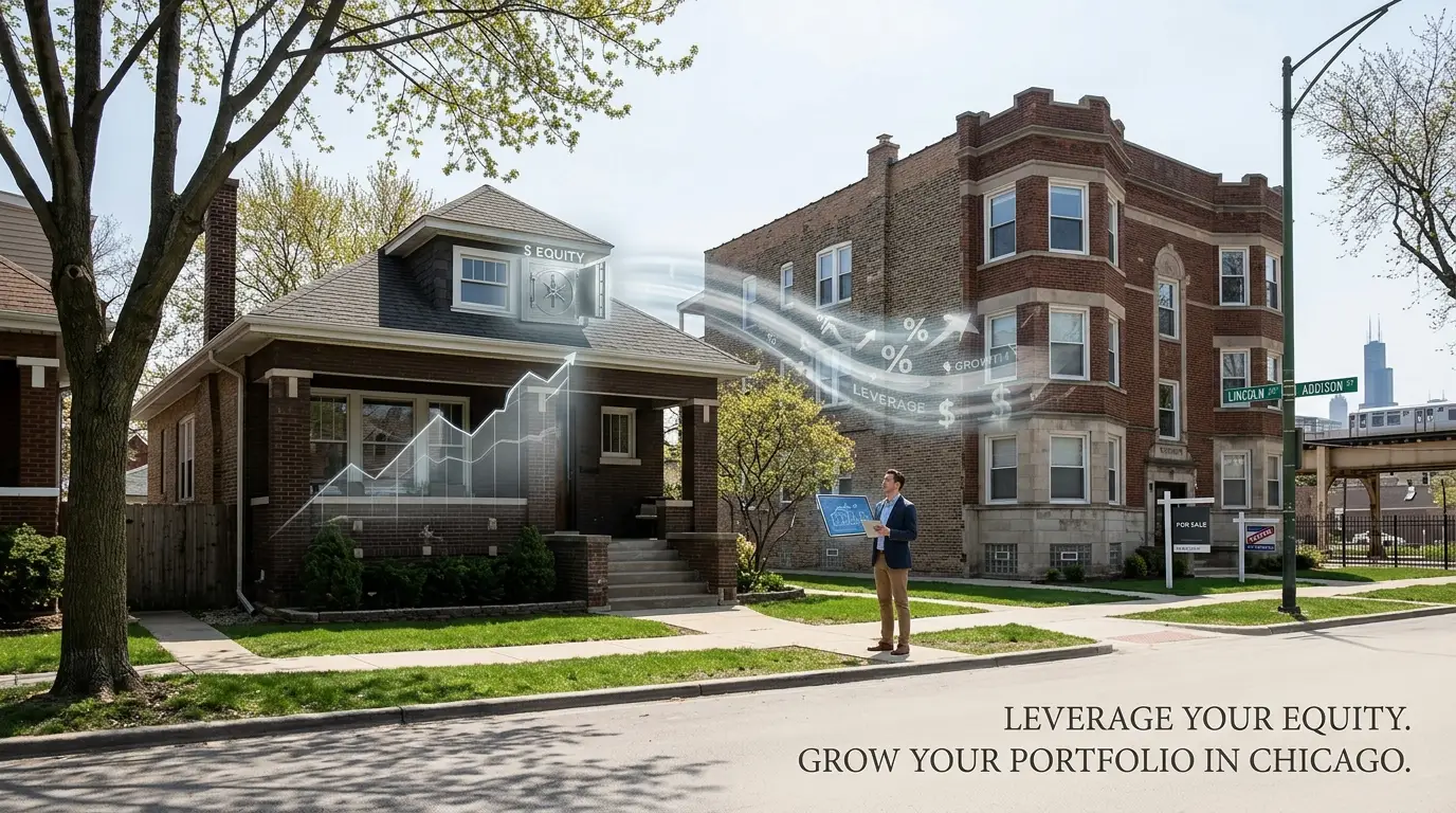 Suburban house equity leverage concept graphic showing capital transfer to a classic Chicago two-flat investment property.