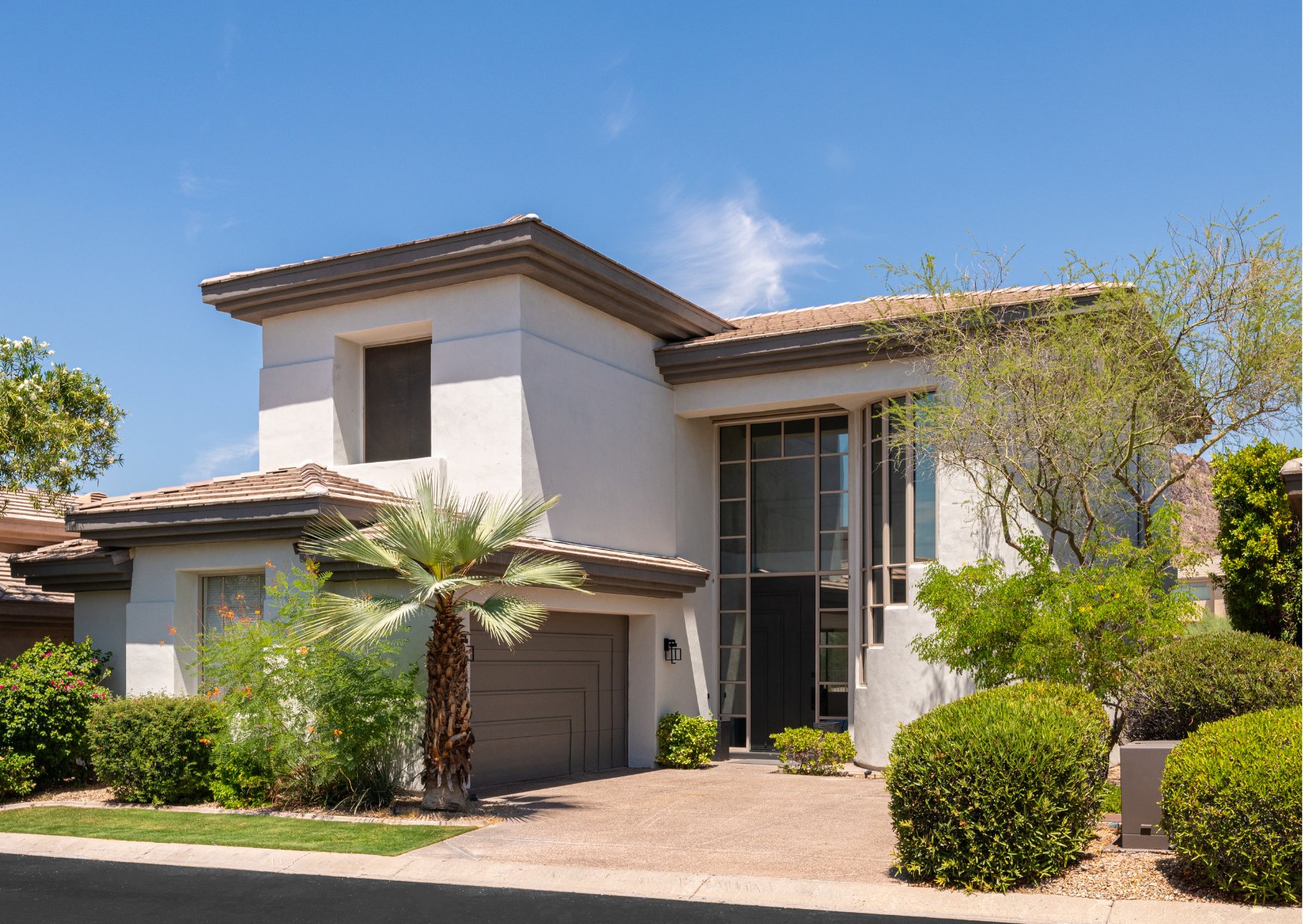 Modern home exterior with landscaped yard, palm tree, and attached garage