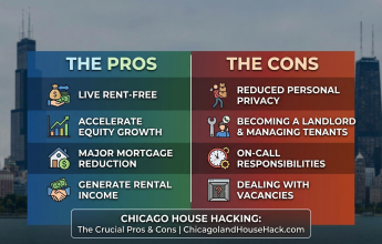 Infographic displaying the main pros and cons of house hacking in Chicago, including saving on living expenses and managing tenants.