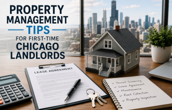 Property Management Tips for First-Time Chicago Landlords featuring a rental property lease and Chicago skyline